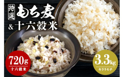 [No.5895-0644]広島県安芸高田産 特選もち麦 キラリモチ 3.3kg + 国内産十六穀米 720g セット 国産 安心 安全 炊飯 食物繊維 大粒 栄養価 ぷりぷり 大麦 米 雑穀 もち麦ごはん ゆでもち麦 広島 安芸高田 2662408 - 広島県安芸高田市