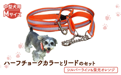 【中型犬用・Mサイズ】 ハーフチョークカラーとリードのセット（シルバーライン&蛍光オレンジ） ペット用品 首輪 リード 中型犬 日本製 ペット 犬 ワンちゃん 静岡 浜松市 2662824 - 静岡県浜松市