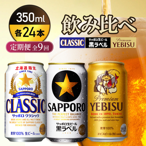 『飲み比べ定期便9回』サッポロクラシック・サッポロ黒ラベル・ヱビスビール 各350ml×24本【9300100018091121】 2666468 - 北海道恵庭市