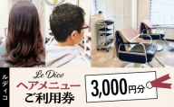 【ル・ディコ】ヘアメニューご利用券（3,000円分）【利用券 チケット 美容室 完全予約制 アットホーム 駅チカ 東京都 渋谷区】
