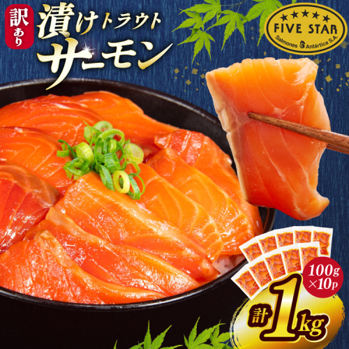FIVE STAR ブランド 訳あり サーモン トラウト 漬け 総重量 1kg 100g×10p [カネダイ 宮城県 気仙沼市 20565453] 魚 魚介類 刺身 小分け 冷凍 鮭 さけ 海鮮 切り落とし 生食用 真空パック さけ サケ 食品 生食 サーモン 漬け丼 手巻き寿司 丼 海鮮丼 個包装 2669037 - 宮城県気仙沼市