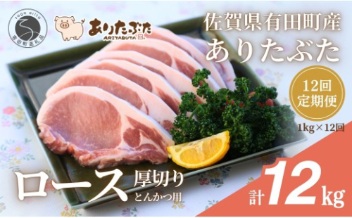 【12回定期便 総計12kg！真空個包装で便利】ありたぶた ロース 厚切り とんかつ用 12ヶ月 連続 1kg（100g×10パック）【有田まちづくり公社】佐賀県産 有田町産 ブランド豚 ありたぶた 豚 ぶた 豚肉 ロース肉 とんかつ トンテキ ステーキ 小分け 全12回 N150-19 2674702 - 佐賀県有田町