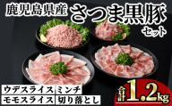 鹿児島県産さつま黒豚モリモリおためしパック (合計1.2kg) 小分け 冷凍 スライス ひき肉 ミンチ モモ ウデ 切り落とし[KNOT]A1035