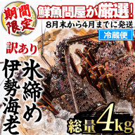 【1353211a】＜訳あり＞朝獲れ発送！鮮魚問屋が厳選した氷締め伊勢海老(4～10尾・総量4kg以上) 伊勢エビ 伊勢えび 刺身 さしみ えび 海老 魚介類 海鮮 刺身 塩焼き 訳あり 訳アリ 【江川商店】