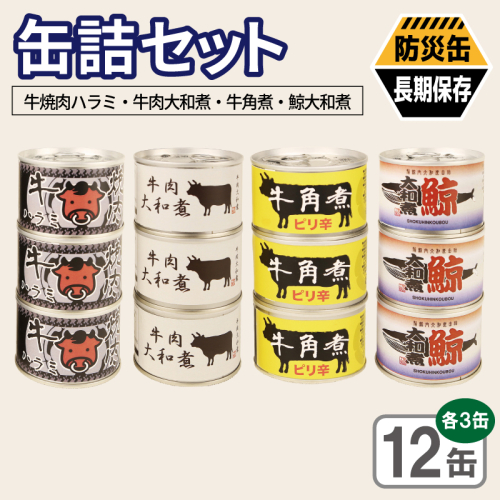缶詰4種12缶セット（牛焼肉ハラミ缶詰/牛肉大和煮缶詰/牛角煮缶詰/鯨大和煮缶詰） 各3缶【おかず おつまみ 弁当 防災 備蓄 非常食 防災缶 長期保存 】 020C582 2677158 - 大阪府泉佐野市