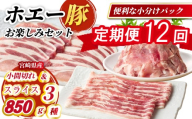 【定期便12回】ホエー豚スライスと小間切れの大満足お楽しみセット  850g×12回（国産 豚肉 小分け 豚バラ 豚ロース しゃぶしゃぶ 豚バラスライス 豚 宮崎 小林市 人気 冷凍）