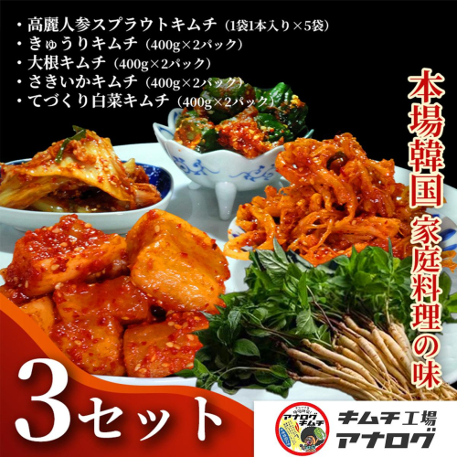 5種の本格キムチ食べ比べ 4種のキムチ(各400g×6パック)＋スプラウトキムチ(1本入り×15袋)【熟成秘伝 きゅうり 大根 カクテキ さきいか 白菜 キムチセット 国産 手づくり 発酵食品 ご飯のお供 詰め合わせ 九州産 手作り】(H104276) 2699253 - 佐賀県神埼市