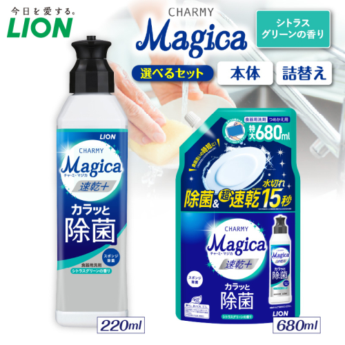 【選べるセット内容】CHARMY Magica 速乾＋（プラス） カラッと除菌 シトラスグリーンの香り チャーミーマジカ マジカ ライオン LION 食器用洗剤 台所用洗剤 キッチン洗剤 食器洗剤 中性洗剤 本体 つめかえ 詰め替え 詰替え つめかえ用 220ml 680ml 備蓄 ストック 日用品 生活用品 生活必需品 消耗品 キッチン用品 台所用品 食器洗い 油汚れ 除菌 速乾 2699464 - 千葉県市原市
