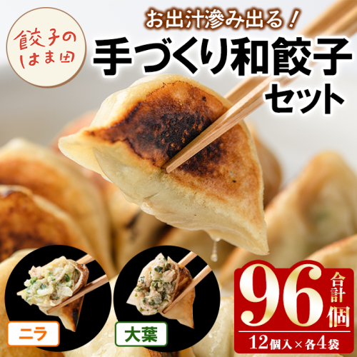 手づくり和餃子セット(ニラ餃子12個入×4袋+大葉餃子12個入×4袋・合計96個) 餃子 生餃子 ギョウザ ぎょうざ ギョーザ セット 詰め合わせ おかず お惣菜 冷凍 和風 水餃子 にら ニラ 大葉 手作り 食べ比べ 【餃子のはま田】akn096-04 2699884 - 鹿児島県阿久根市