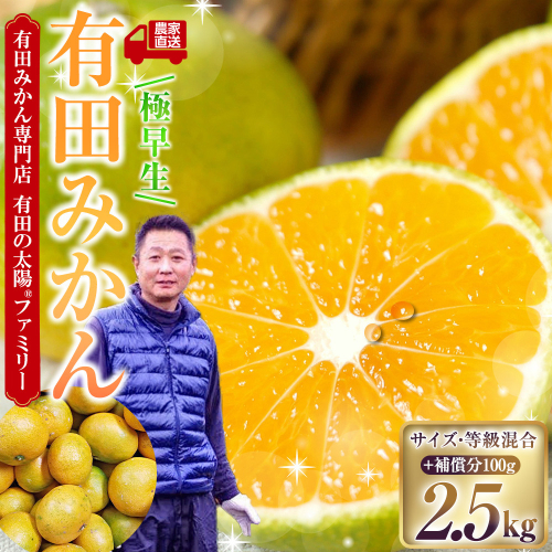 有田みかん専門店 有田の太陽(登録商標)ファミリー 極早生 有田みかん 2.5kg＋補償分100g 山採れ・サイズ・等級 混合 2700032 - 和歌山県有田川町
