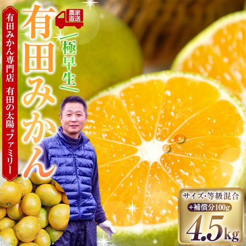 有田みかん専門店 有田の太陽(登録商標)ファミリー 極早生 有田みかん 4.5kg＋補償分100g 山採れ・サイズ・等級 混合 2700956 - 和歌山県有田川町