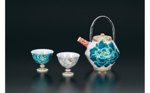 酒器揃　碧紫牡丹図　佐藤剛志 民芸品 工芸品 雑貨 日用品 徳利 お猪口 鮮やか 2705650 - 石川県能美市