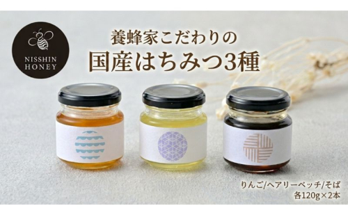 養蜂家のとっておき 国産 はちみつ 3種 食べ比べ 各120g×2本 計6本 蜂蜜 ハチミツ りんご ヘアリーベッチ そば ハニー 養蜂 養蜂家 蜜源 ギフト 贈答用 お取り寄せ 日新蜂蜜 送料無料 岐阜県 安八町 2706153 - 岐阜県安八町