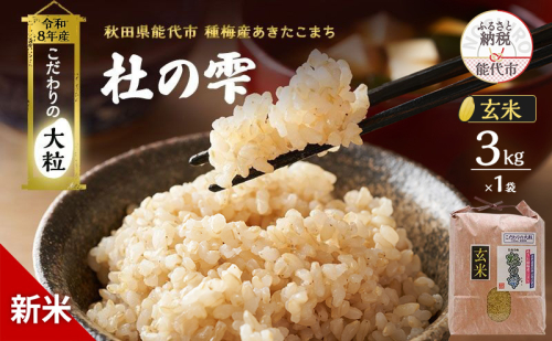 新米 先行予約 令和8年産 [玄米]秋田県産 あきたこまち 3kg「杜の雫」こだわりの大粒 種梅産【お米 たねうめ 玄米 精米 ご飯 ブランド米 大粒 おにぎり 産地直送 おこめ ごはん】 2706295 - 秋田県能代市
