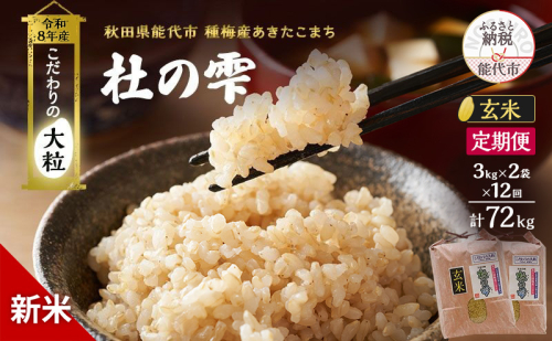 新米 先行予約 令和8年産 定期便 [玄米]秋田県産 あきたこまち 6kg(3kg×2) 全12回 毎月お届け「杜の雫」こだわりの大粒 種梅産【お米 たねうめ 玄米 精米 ご飯 ブランド米 大粒 おにぎり 産地直送 おこめ ごはん】 2706310 - 秋田県能代市