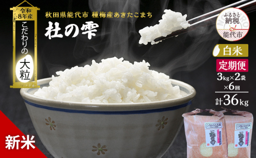 新米 先行予約 令和8年産 定期便【白米】秋田県産 あきたこまち 6kg(3kg×2) 全6回 毎月お届け「杜の雫」こだわりの大粒 種梅産【お米 たねうめ 白米 精米 ご飯 ブランド米 大粒 おにぎり 産地直送 おこめ ごはん】 2706313 - 秋田県能代市