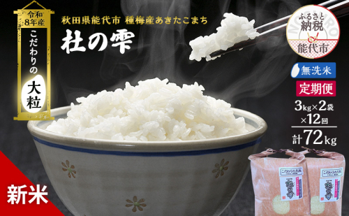 新米 先行予約 令和8年産 定期便 [無洗米]秋田県産 あきたこまち 6kg(3kg×2) 全12回 毎月お届け「杜の雫」こだわりの大粒 種梅産【お米 たねうめ 無洗米 精米 ご飯 ブランド米 大粒 おにぎり 産地直送 おこめ ごはん】 2706318 - 秋田県能代市