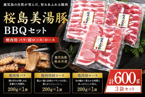 A1-0462／桜島美湯豚 BBQセット(焼肉用バラ・肩ロース・ロース) 計600g 2707236 - 鹿児島県垂水市