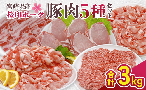 宮崎県産 豚肉 桜印ポーク5種セット (ローススライス / ロースまたは肩ロースカツ / バラ焼肉 / 切り落とし / ミンチ) 合計3kg 小分け 冷凍 国産 送料無料 九州産 肉 お肉 豚 詰め合わせ 2708527 - 宮崎県えびの市