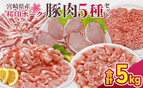 宮崎県産 豚肉 桜印ポーク5種セット(ローススライス / バラスライス / ロースカツ / 切り落とし / ミンチ) 合計5kg 小分け 冷凍 国産 送料無料 九州産 肉 お肉 豚 詰め合わせ 2708529 - 宮崎県えびの市