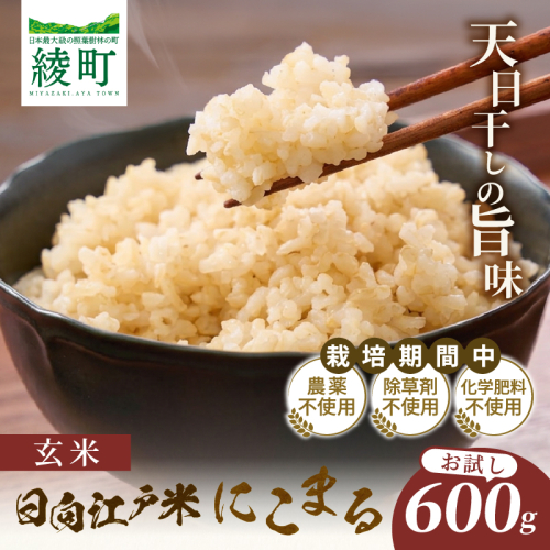 天日干し仕上げの日向江戸米（にこまる）お試し パック 計600g【玄米】国産米 ブランド米 農薬不使用 化学肥料不使用 無農薬 ごはん ご飯 おにぎり お弁当 使い切りタイプ 和食 主食 人気 おすすめ 宮崎県 綾町 送料無料_A0038-019 2709025 - 宮崎県綾町