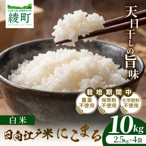 天日干しが引き出す お米の旨味 日向江戸米（にこまる）【白米】計10kg 国産米 ブランド米 農薬不使用 化学肥料不使用 無農薬 ごはん ご飯 おにぎり お弁当 冷めても美味しい もっちり食感 和食 主食 人気 おすすめ 宮崎県 綾町 送料無料_A0038-021 2709029 - 宮崎県綾町