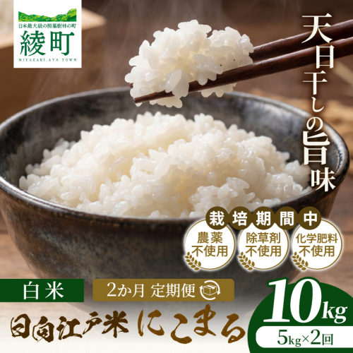 【2か月定期便】天日干しが引き出す お米の旨味 日向江戸米（にこまる）【白米】合計10kg 国産米 ブランド米 農薬不使用 化学肥料不使用 無農薬 ごはん ご飯 おにぎり お弁当 冷めても美味しい もっちり食感 和食 主食 人気 おすすめ 宮崎県 綾町 送料無料_A0038-026 2709054 - 宮崎県綾町