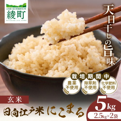 天日干しが引き出す お米の旨味 日向江戸米（にこまる）【玄米】計5kg 国産米 ブランド米 農薬不使用 化学肥料不使用 無農薬 ごはん ご飯 おにぎり お弁当 冷めても美味しい もっちり食感 和食 主食 人気 おすすめ 宮崎県 綾町 送料無料_A0038-029 2709057 - 宮崎県綾町