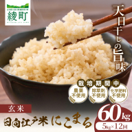 【12か月定期便】天日干しが引き出す お米の旨味 日向江戸米（にこまる）【玄米】合計60kg 国産米 ブランド米 農薬不使用 化学肥料不使用 無農薬 ごはん ご飯 おにぎり お弁当 冷めても美味しい もっちり食感 和食 主食 人気 おすすめ 宮崎県 綾町 送料無料_A0038-037