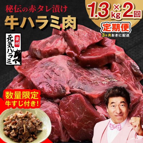 【分けて届く定期便】牛ハラミ肉 総量 1.3kg秘伝の赤タレ漬け【牛肉 焼肉用 焼くだけ はらみ 小分け BBQ やきにく 肉厚 人気 高評価 訳あり サイズ不揃い 全2回】 099Z621 2710959 - 大阪府泉佐野市