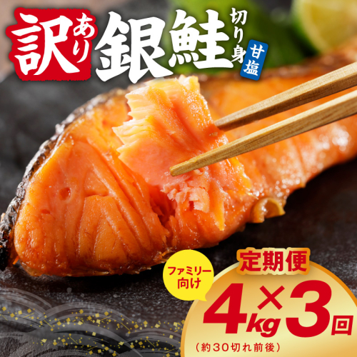 【定期便】銀鮭 切り身 4kg(約30切れ前後) 全3回【訳あり 規格外 甘塩 バラ凍結 海鮮 魚介 鮭 さけ しゃけ お弁当 朝食 おかず 簡単調理 家計応援】 kgpZ038 2711650 - 大阪府泉佐野市
