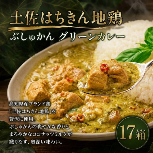 土佐はちきん地鶏 グリーンカレー 17箱 180g チキンカレー おすすめ curry かれー かれーらいす 惣菜 おかず 夕食 詰め合わせ セット レトルトカレー レトルト食品 ご当地グルメ 国産 地域限定 カレー 人気 カレー 辛口 カレーセット 高知県 室戸市 2716146 - 高知県室戸市