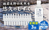 【3ヶ月連続お届け】越前大野の天然水　悠久のしずく PET500ml × 24本×3回配送　計72本 | 定期便 飲料類 水 ミネラルウォーター 定期便 ふくいのおいしい水 南部酒造場 御清水 名水百選 防災 備蓄 国産