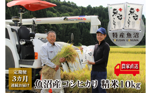 農家直送！ 魚沼産 コシヒカリ 精米 10kg （ 5kg × 2袋 ） 3ヶ月 連続お届け （ 米 定期便 こしひかり お米 こめ コメ 魚沼産コシヒカリ 魚沼 新潟 魚沼産こしひかり おこめ 白米 定期 お楽しみ 3回 ） 2727789 - 新潟県魚沼市