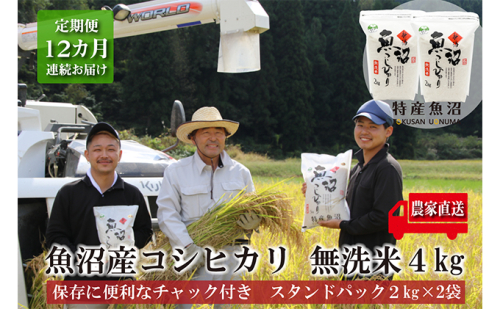 農家直送！ 魚沼産 コシヒカリ 無洗米 4kg (スタンドパック 2kg × 2個 ) 12ヶ月 連続お届け （ 米 定期便 こしひかり お米 こめ コメ 魚沼産コシヒカリ 魚沼 新潟 おこめ 白米 精米 新潟 定期 お楽しみ 12回 ） 2727798 - 新潟県魚沼市