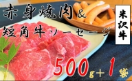 米沢牛 赤身焼肉用（500g）＋小国産短角牛ソーセージ・フランク（各1袋）