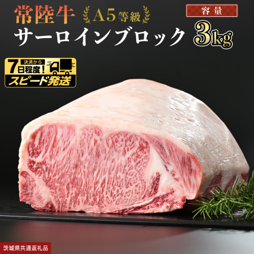 【 スピード発送 】【 常陸牛 】 A5等級 サーロイン ブロック 3kg (茨城県共通返礼品) 国産 ステーキ 焼き肉 ブロック肉 牛肉 やきにく ヒタチギュウ ひたちぎゅう ブランド牛肉 ブランド牛 国産牛 黒毛和牛 和牛 国産黒毛和牛 お肉 A5ランク [BX118-NT-sp] 2738911 - 茨城県つくばみらい市