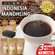 【12カ月定期便】コーヒー 豆 粉（インドネシア マンデリン 中煎り 中細挽き）100g × 3個セット | ミディアムロースト ギフトBOX付き コーヒー 珈琲 自家焙煎 ひなた珈琲 幸田町 送料無料