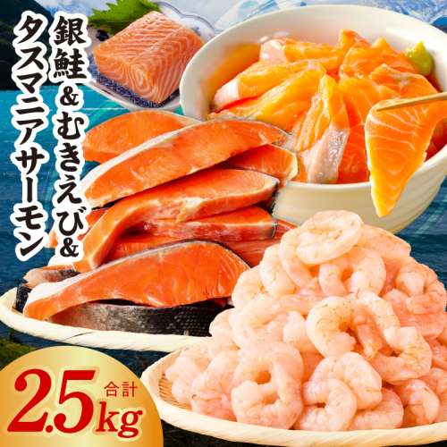 銀鮭切り身 ＆ むきえび ＆ タスマニアサーモン 人気海鮮セット 総量2.5kg【お試し 魚介 しゃけ エビ アトランティクサーモン 小分け 訳あり サイズ不揃い バラ凍結 簡単調理】 G5354 2770416 - 大阪府泉佐野市
