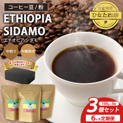 【6カ月定期便】コーヒー 豆 粉（エチオピア シダモ 中煎り 中細挽き）100g × 3個セット | ミディアムロースト ギフトBOX付き コーヒー 珈琲 自家焙煎 ひなた珈琲 幸田町 送料無料 2770599 - 愛知県幸田町