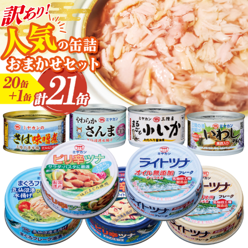 訳あり お任せ 人気 缶詰 20缶 +1缶 合計21缶 セット [ミヤカン 宮城県 気仙沼市 20566259] 缶詰 ツナ缶 さば缶 さんま缶 いか缶 いわし缶 鯖缶 ツナフレーク さば水煮 さば味噌煮 詰め合わせ 長期保存 非常食 備蓄 食べ比べ 防災 キャンプ アウトドア ふるさと納税 2781850 - 宮城県気仙沼市