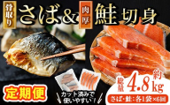 【定期便・全6回(連続)】骨取り 国産 塩さばと 肉厚 鮭 切り身 のセット(総計約4.8kg) 量 切身 塩 鯖 サバ 骨なし 骨とり 冷凍食品 小分け パラパラ冷凍 肉厚 鮭 厚切り しゃけ さけ サケ 切身 塩鮭【AW-142】【丸正水産】