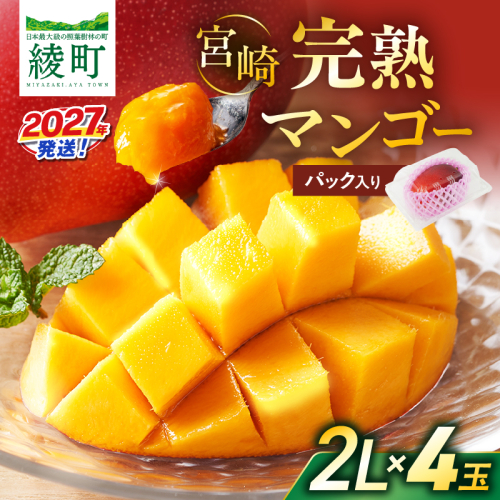 先行予約 数量限定 完熟マンゴー 2L×4玉（パック）マンゴー 宮崎 果物 フルーツ くだもの 2027年 国産 高級 マンゴージュース 南国フルーツ おすすめ デザート ギフト 贈り物 プレゼント 贈答 冷蔵 綾町 送料無料 【JA綾町】_A0114-264 2783704 - 宮崎県綾町