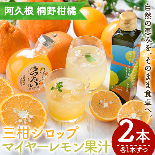 三柑シロップ・マイヤーレモン果汁 (各1本) 国産 檸檬 果実 果物 フルーツ 柑橘 デザート お菓子作り 常温配送 ドリンク シロップ 果汁 アレンジ レモネード ソーダ割 果汁100％ 紅不知火 紅甘夏 【桐野柑橘株式会社】akn070-25 2796234 - 鹿児島県阿久根市