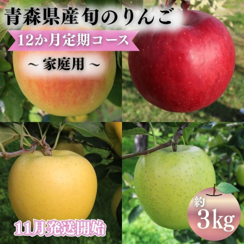 【2026年11月発送開始】青森県産 りんご 12ヶ月定期便 約3kg 家庭用 1年間品種リレー 食べ比べセット 毎月配送 青森りんご 林檎 フルーツ 平川市【hi-0058-121】 2804037 - 青森県平川市
