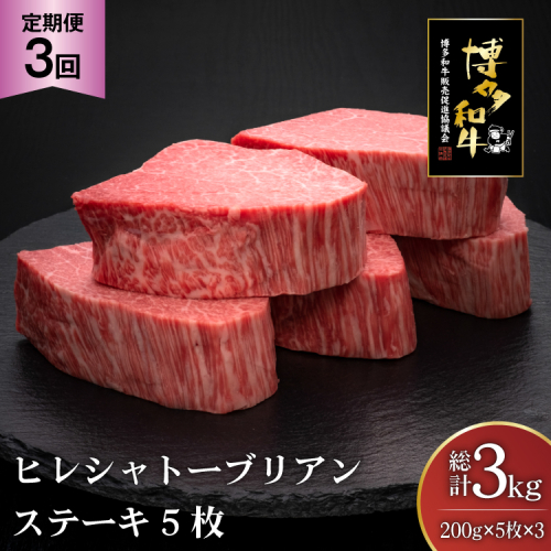 肉 博多和牛 ヒレ シャトーブリアンステーキ 200g 5枚 計 1kg 3回 定期便 総計 3kg [久田精肉店 福岡県 宇美町 um40bsi440012] 牛 牛肉 ヒレシャトーブリアンステーキ ステーキ 和牛 ソース ソース付き 冷凍 2808984 - 福岡県宇美町