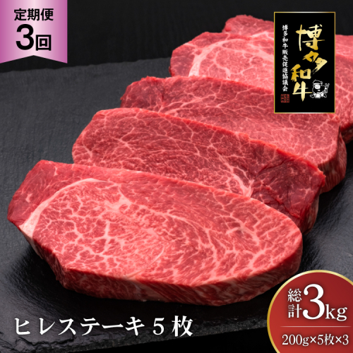 肉 博多和牛 ヒレステーキ 200g 5枚 計 1kg 3回 定期便 総計 3kg [久田精肉店 福岡県 宇美町 um40bsi440016] 牛 牛肉 ヒレ ステーキ 和牛 ソース ソース付き 福岡県産 冷凍 2809005 - 福岡県宇美町
