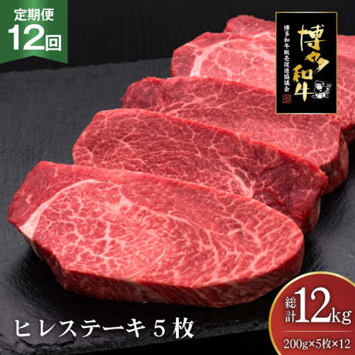 肉 博多和牛 ヒレステーキ 200g 5枚 計 1kg 12回 定期便 総計 12kg [久田精肉店 福岡県 宇美町 um40bsi440019] 牛 牛肉 ヒレ ステーキ 和牛 ソース ソース付き 福岡県産 冷凍 2809686 - 福岡県宇美町