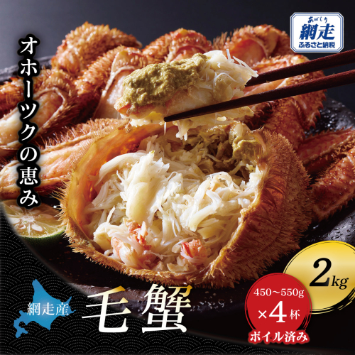 【網走産】オホーツクの恵み 毛蟹 約2kg（450〜550g × 4杯）｜ボイル済み 冷凍 毛ガニ 北海道 ABBI016 2810712 - 北海道網走市