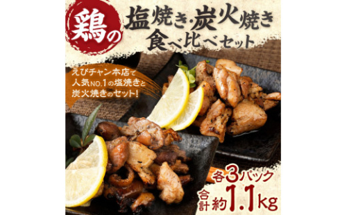 鶏の塩焼き・炭火焼 食べ比べ セット合計約1.1kg 各3パック 味付き 鶏肉 国産 お肉 調理済 真空パック おつまみ おかず 焼鳥 惣菜 家飲み 家呑み 晩酌 冷凍 宮崎県 九州 送料無料
 2815841 - 宮崎県えびの市
